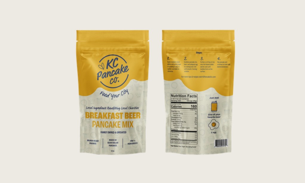 Front and back of KC Pancake Co. Breakfast Beer pancake mix