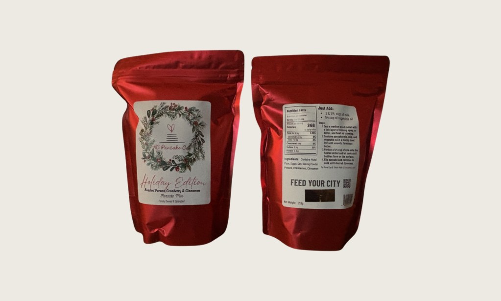 Front and back of KC Pancake Co. Holiday Edition pancake mix